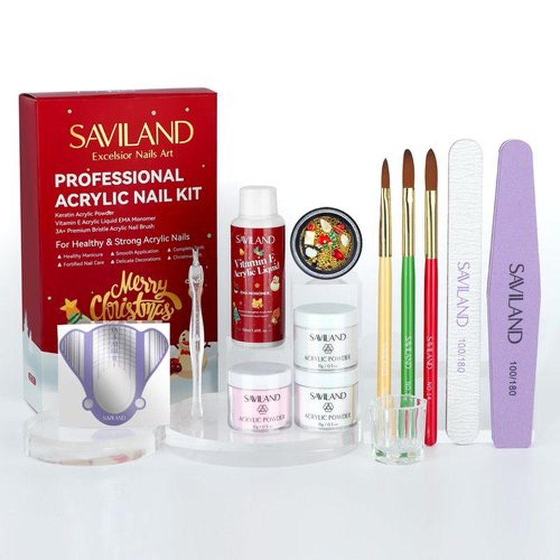 SAVILAND Acrylic Nail Kit : Christmas Nails Kit Acrylic Set EMA Monomer Brush for Long Lasting Nails DIY at Home Beginner Friendly Christmas Gift Set