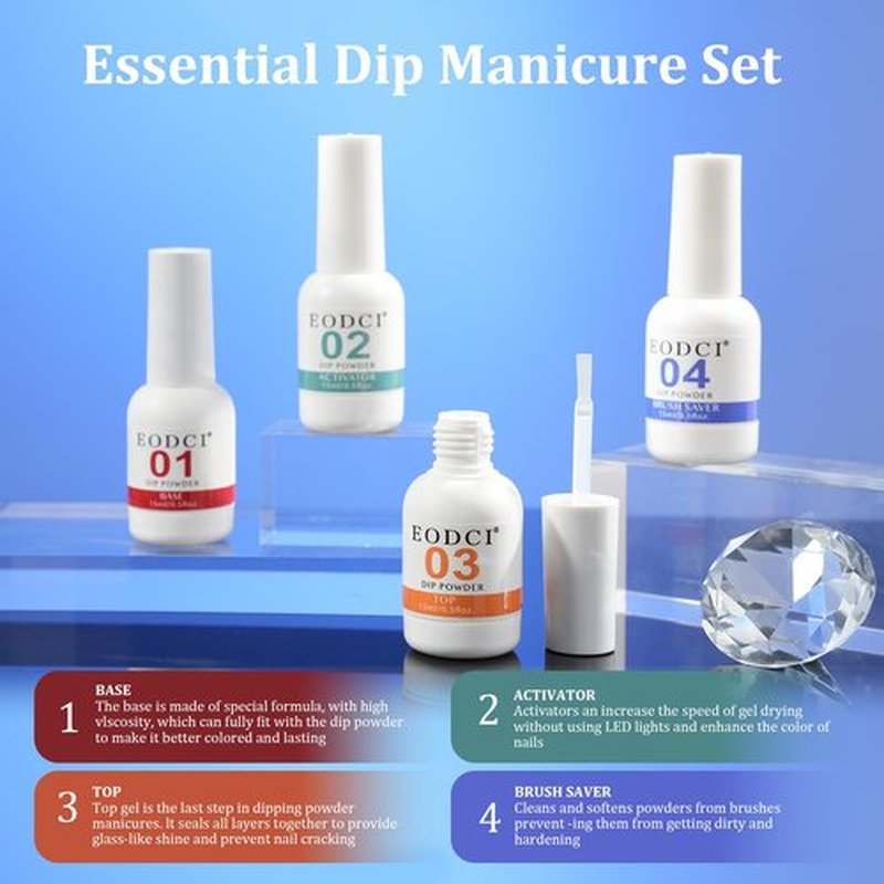 Eodci 12 Pcs Dip Powder Nail Kit Starter, 6 Colors Glitter Blue Snow Dipping Powder Kit With Base & Top Coat/Activator/Brush Saver, Nail Art Manicure Salon DIY for Daily at Home Party Gifts for Women
