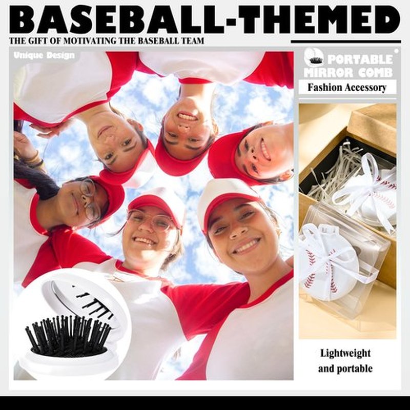 12 Set Baseball Team Gifts Bulk Mini Hair Brush with Ribbons Baseball Hair Accessories, Soft Flexible Mini Travel Hair Brush for Girls Baseball Party Favors