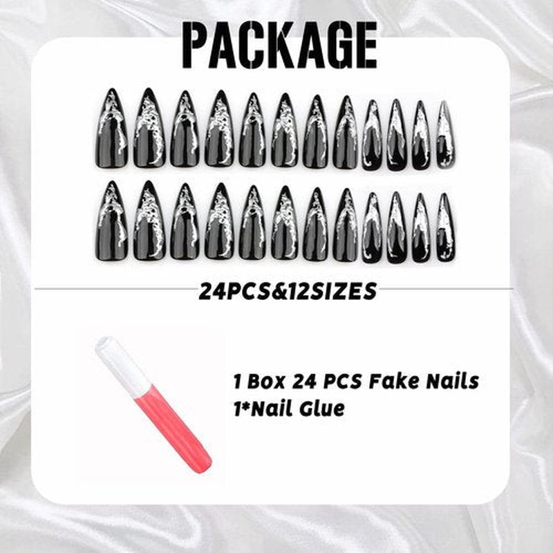 IMSOHOT Press on Nails – 3D Silver Edge, Long Stiletto Fake Nails Black Ombre Glossy Full Cover Reusable Acrylic Glue on Nails Y2K Goth Gel False Nails