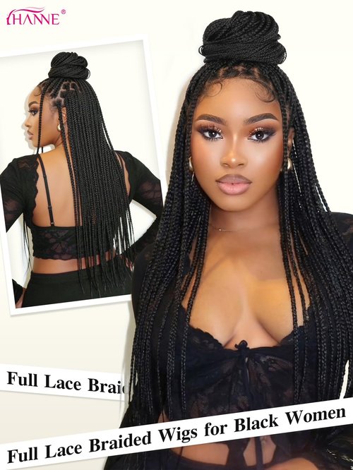 HANNE Real Full Lace Braided Wigs for Black Women 34 Inch Knotless Braided Wigs with Baby Hair 100% Handmade HD Lace Synthetic Box Braid Wig (Natural Black)