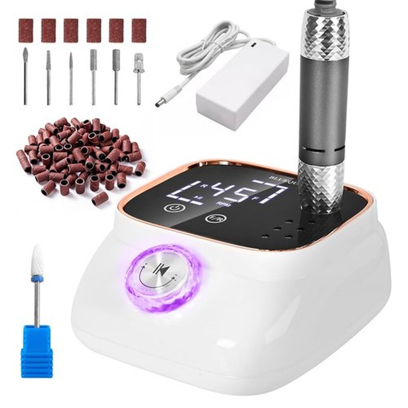 Premium Professional Electric Nail Drill & File Kit — 45,000 RPM High-Speed Handpiece with LCD Display, 7 Versatile Bits, Low Noise & Heat, Perfect for Salon & Home Use(White)
