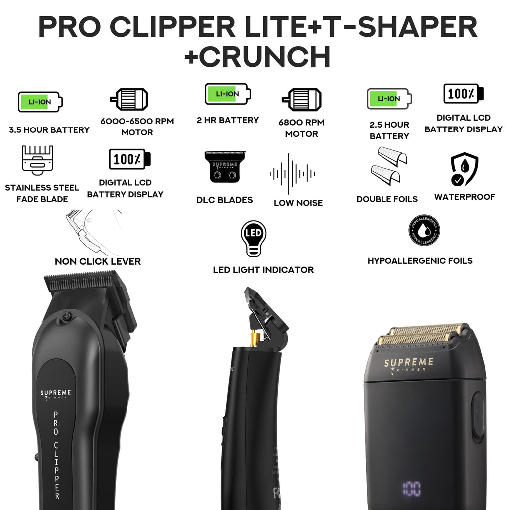 Supreme Trimmer 3-in-1 Barber Bundle | Pro Clipper, DLC T-Shaper Trimmer & Crunch Foil Shaver | Professional Beard Trimmer Men’s Hair Clipper Kit | Red