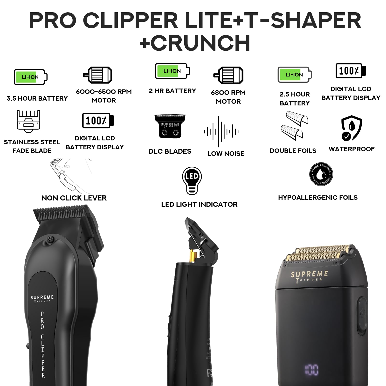 Supreme Trimmer 3-in-1 Barber Bundle | Pro Clipper, DLC T-Shaper Trimmer & Crunch Foil Shaver | Professional Beard Trimmer Men’s Hair Clipper Kit | Red