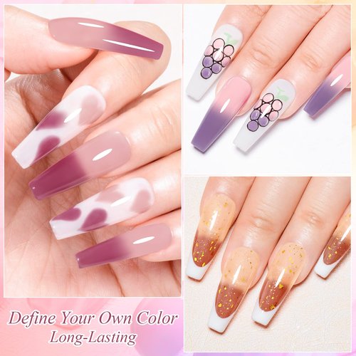 MEET ACROSS Jelly Pink Color Changing Gel Nail Polish Translucent Nude Pink Mood Temperature Change Gel Polish Set White Pink Red Purple Amber Gold Foil Transparent Crystal Gel Nail Polish