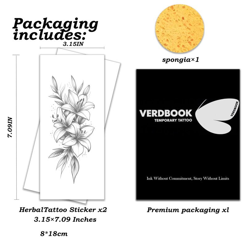 VERDBOOK Waterproof Temporary Tattoos: 2-Sheet Tattoo Kit with Realistic Body Stickers, Semi-Permanent Tattoos for Adults Lasting 7-15 Days – Safe for Men & Women, Lily Tower