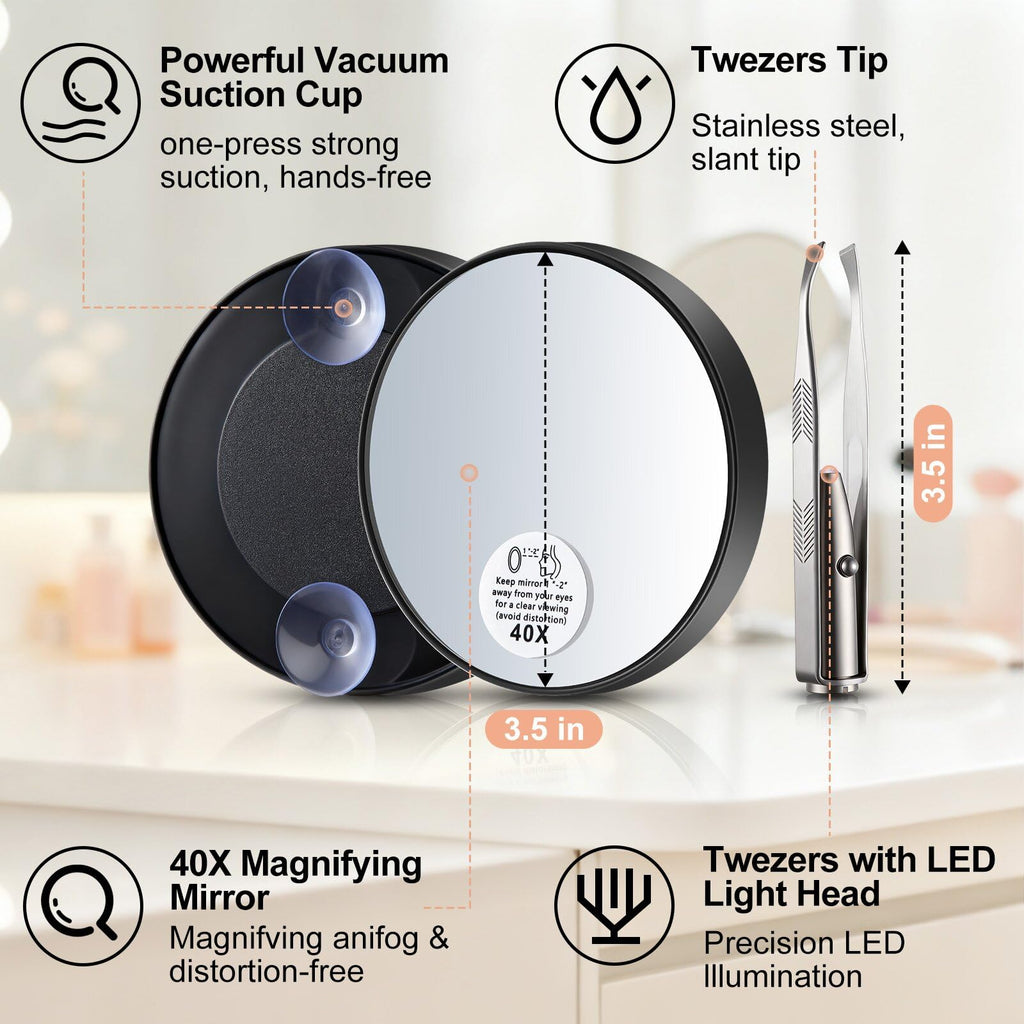 Ceoighe LED Lighted Tweezers & 40X Magnifying Mirror with Suction Cup Set, 2 in 1 Hands-Free Makeup Mirror with Light and Precision Light Up Tweezers