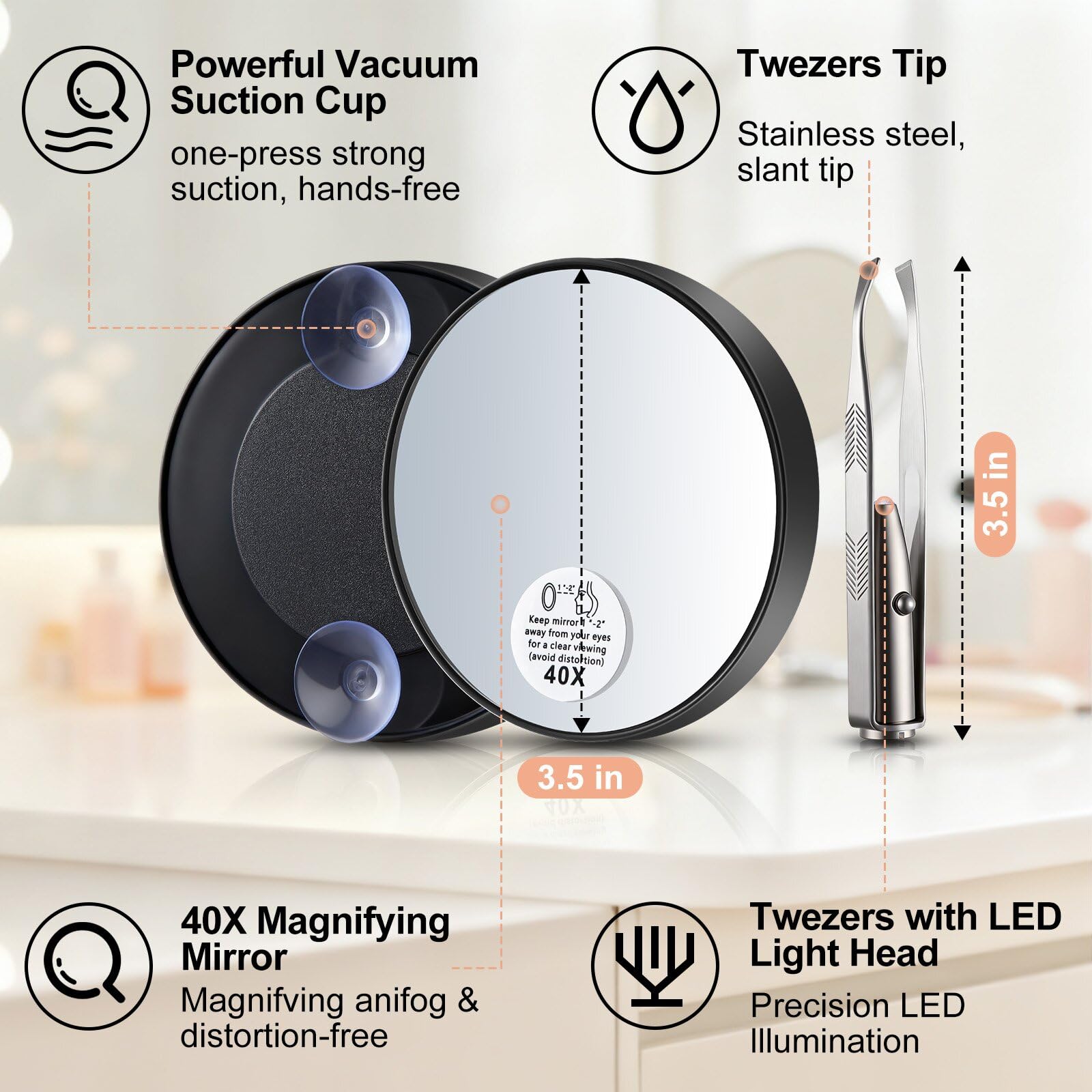 Ceoighe LED Lighted Tweezers & 40X Magnifying Mirror with Suction Cup Set, 2 in 1 Hands-Free Makeup Mirror with Light and Precision Light Up Tweezers