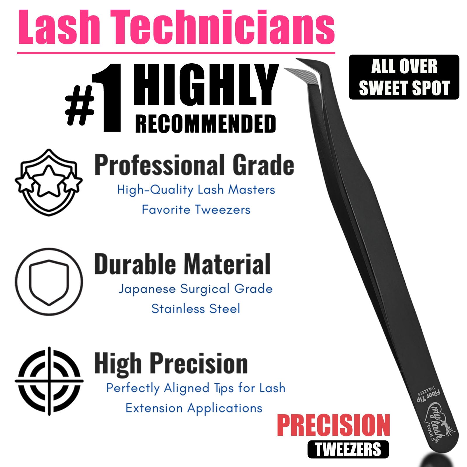 Fiber Tip Lash Tweezers for Eyelash Extensions – Mega Volume Precision Tweezer, Stainless Steel, Non Slip Grip, Professional Classic Lash Tool for Volume Fans (Black)