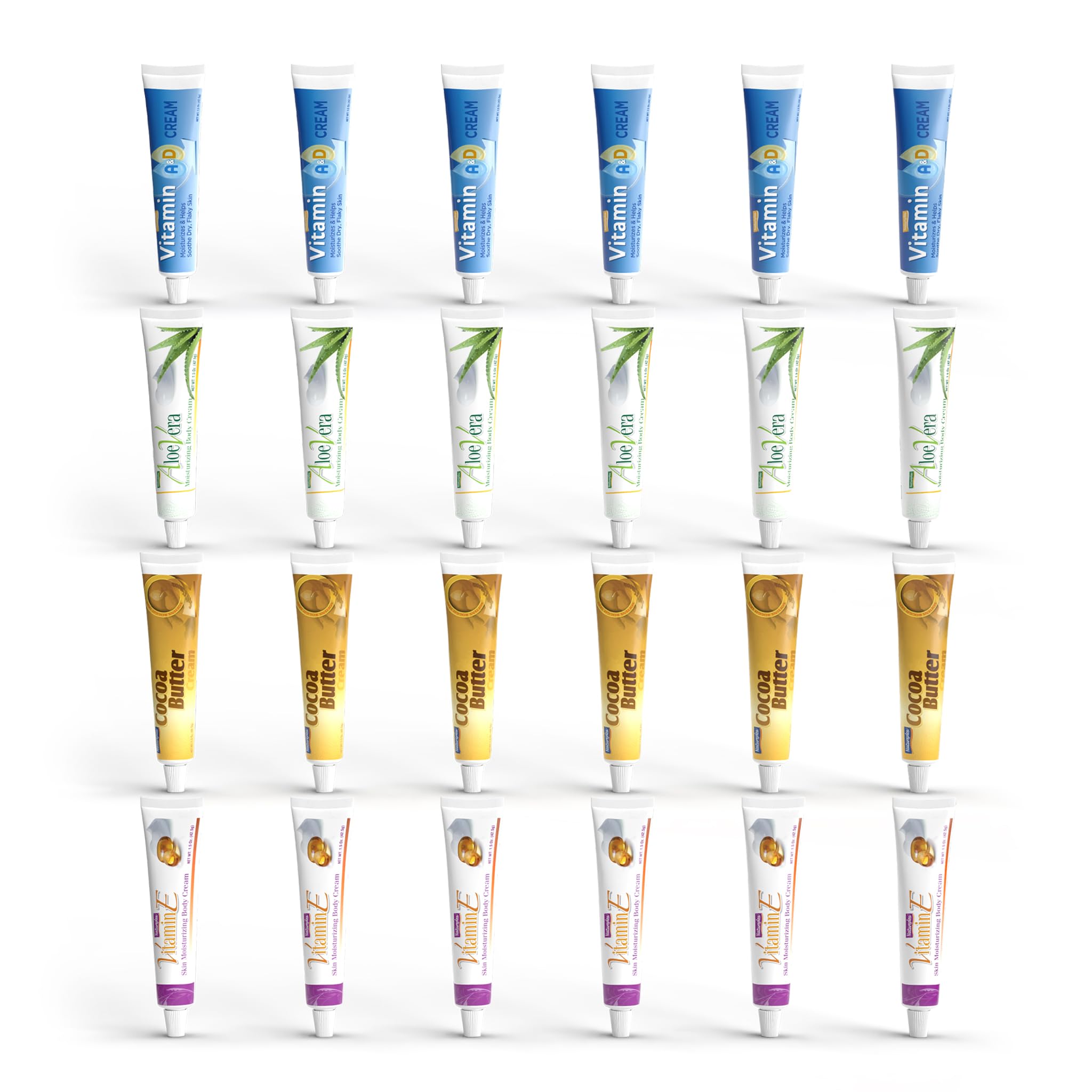 Natureplex Vitamin Cream Bundle – Includes Aloe Vera, Vitamin E, Vitamin A&D, and Cocoa Butter Creams (6 Each) – Everyday Skin Care Cream Set for Home, Work & Travel - 24 Travel Size Tubes