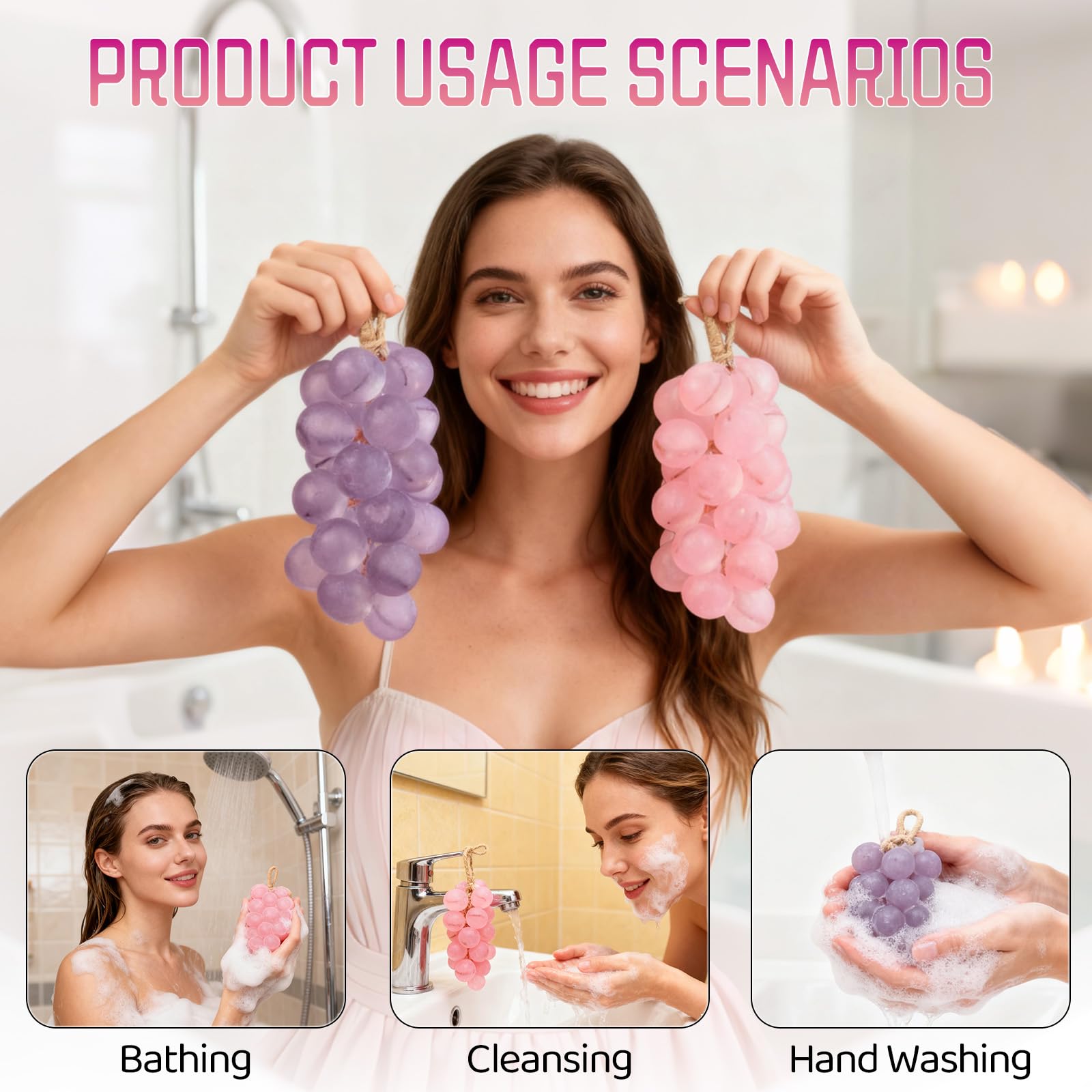 Grape Soap, Handmade Grapes Cluster Soaps,Grape Soap on a Rope, Decorative Soaps Bars,DIY Exquisite Home Decor and Gift Choice for Washing Hands and Fresh Air Men Women (1, Pink)