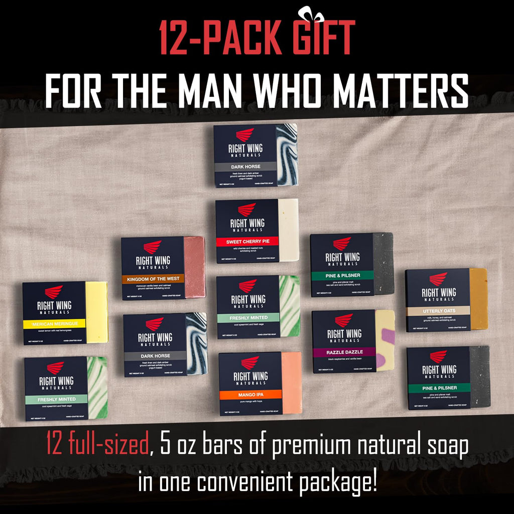 Right Wing Naturals Bar Soap Gift Set for Men | 12 Bar All Natural Variety Pack | Handcrafted Cold-Pressed Soap | Handmade Organic Soap for Men | Most Popular Flavors | Natural ScentedMen’s Bar Soap