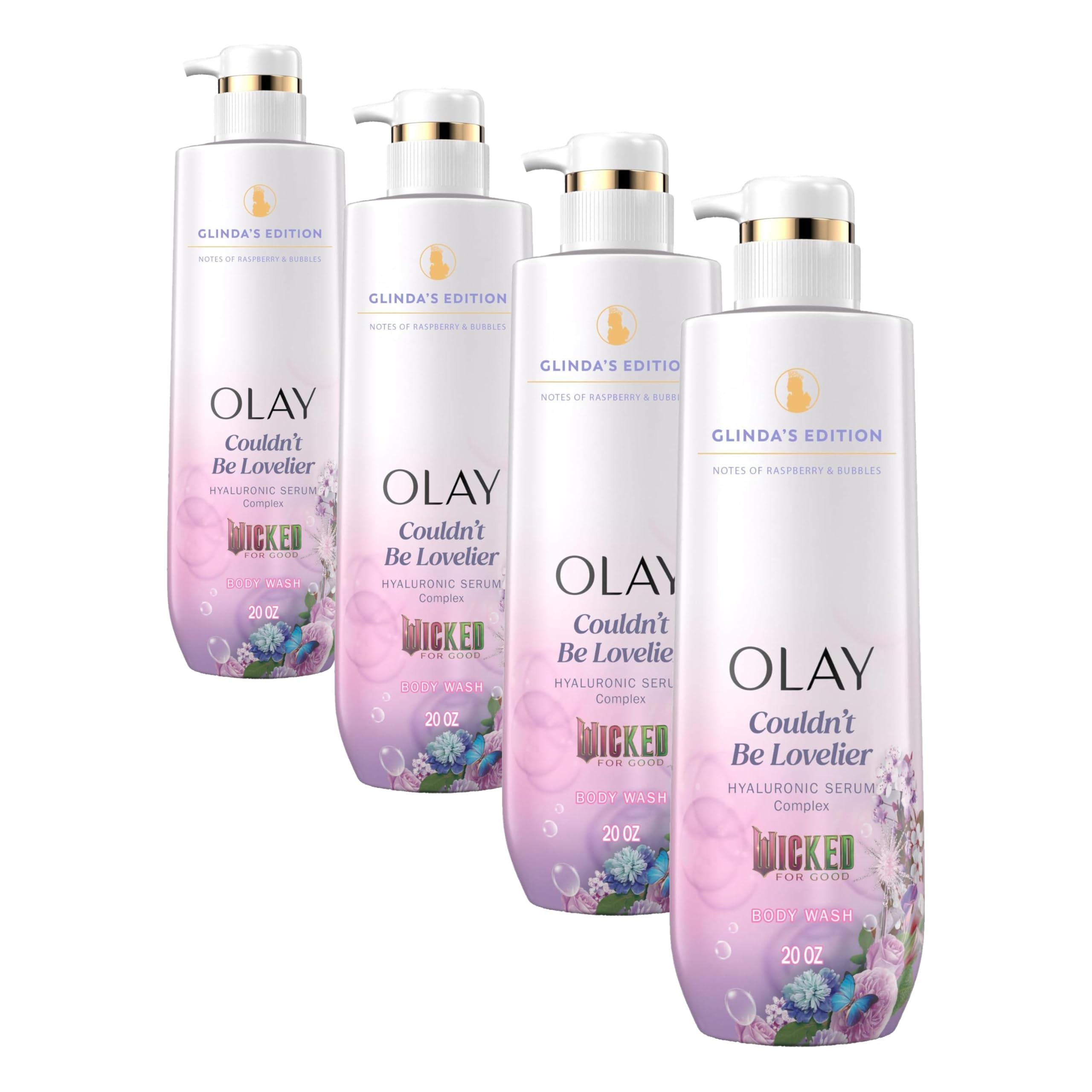 Olay Body Wash for Women, Couldn't Be Lovelier Glinda's Edition, Intensely Hydrating & Renewing, Pro-Hyaluronic Acid Serum with Vitamin B3, For All Skin Types, Raspberry & Bubbles Scent, 20 fl oz