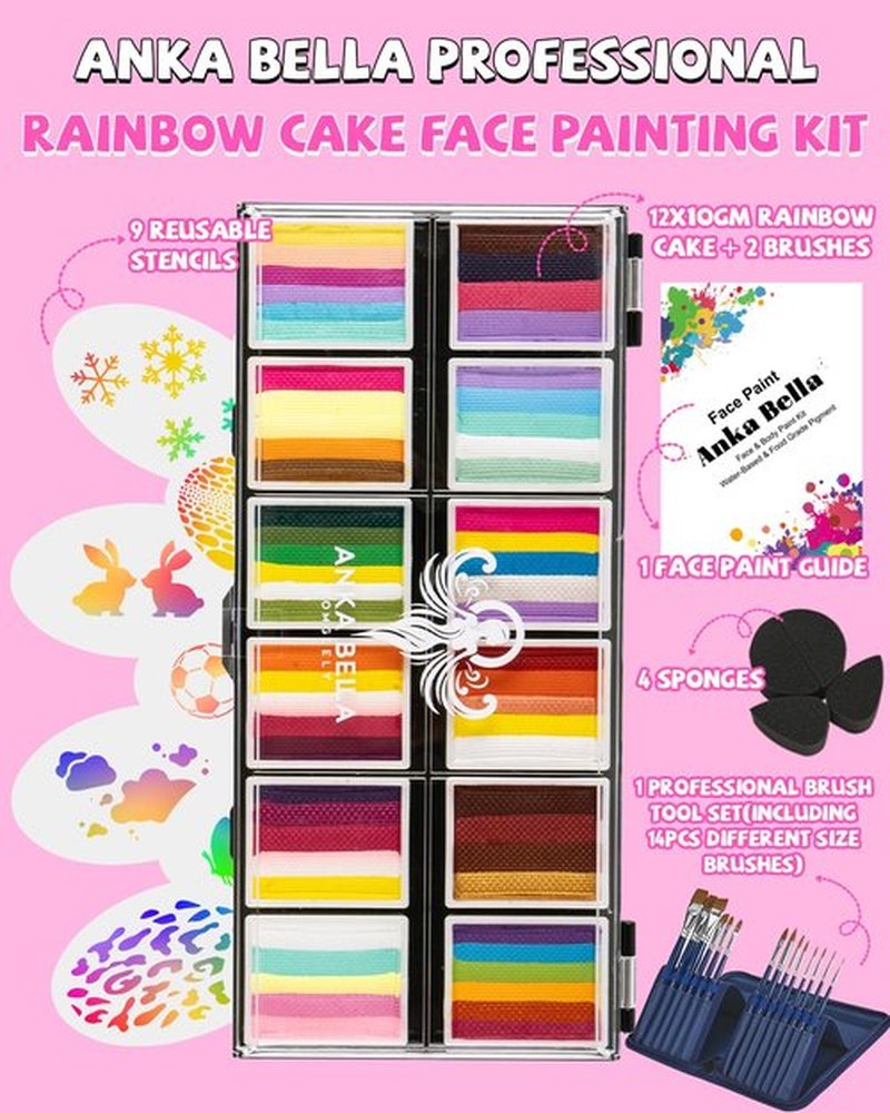 Anka Bella Professional Face Painting Kit for Kids Adults,Water Activated Split Cake Face Paint(12x10gm),Non-Toxic Face Paint Palette for Birthday Parties/Halloween/Carnival