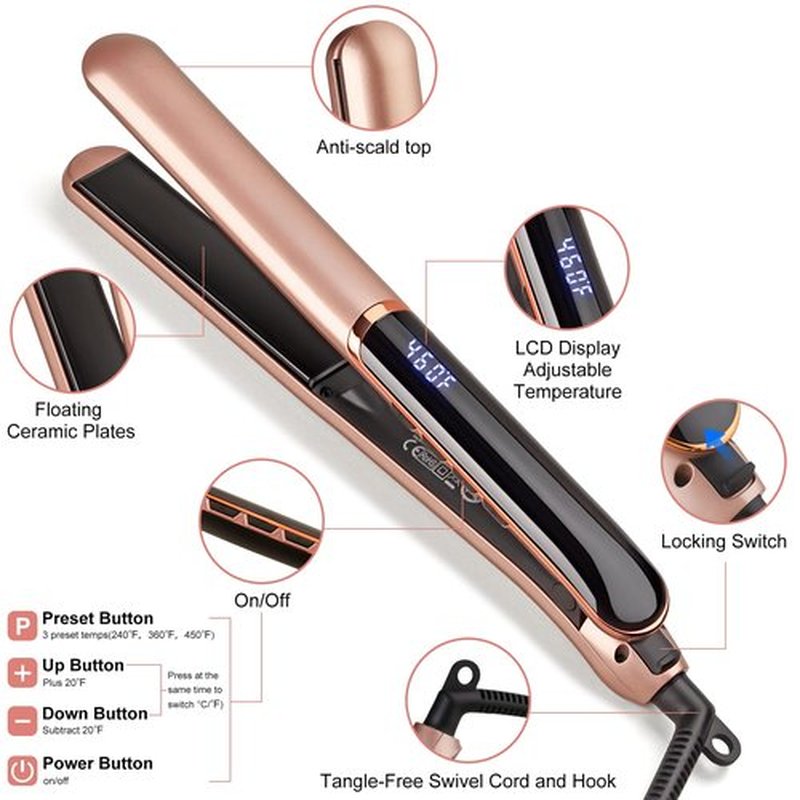 Flat Iron Hair Straightener with Floating Plates Get Shinier & Smoother Hair, 14 Adjustable Temp, Dual Voltage Digital Display 200℉-460℉