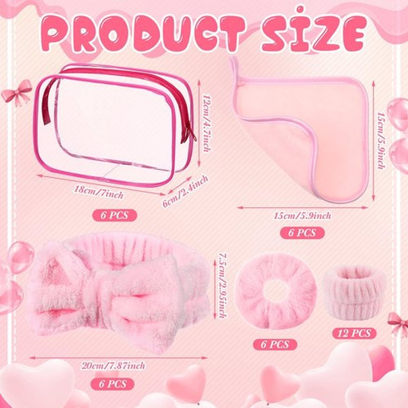 Hoteam 36 Pieces Galentines Spa Party Supplies for Girls Sleepover Party Supplies 6 Spa Headband 6 Wristband 6 Velvet Scrunchies 6 Makeup Remover Cloth 6 Clear Cosmetic Bags for Skincare