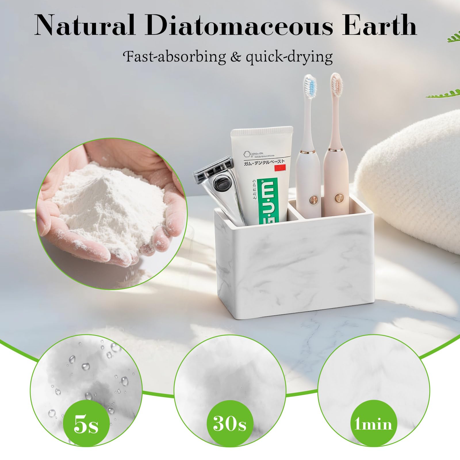 Luxspire Diatomite Toothbrush Holder, 2 Slots, Marble White