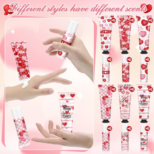 Demissle 36 Sets Valentine's Day Party Favor Gifts Galentine's Hand Cream Lip Balm Bulk Set Red Candy Heart Moisturizing Hand Lotion Exchange Basket Stuffer Bingo Gifts for Women Teacher Coworker