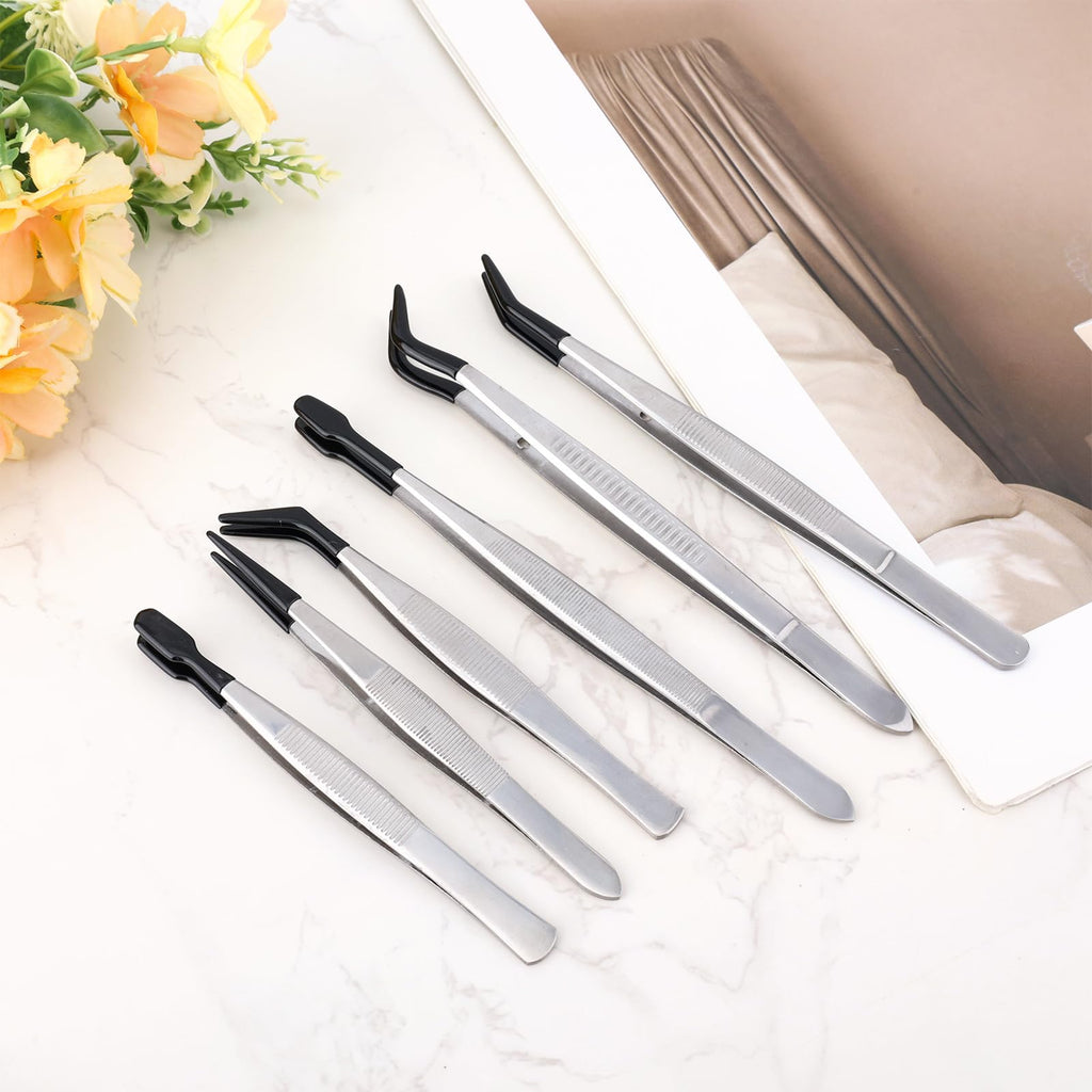6pcs Rubber Tip Tweezers, Long Tweezers Bent Pointed Tipped Hobby Tweezer for Crafts Jewelry Making Plastic Silicone Sticker Seed Stamp Collecting Entomology Mosaic Ear Nail Supplies