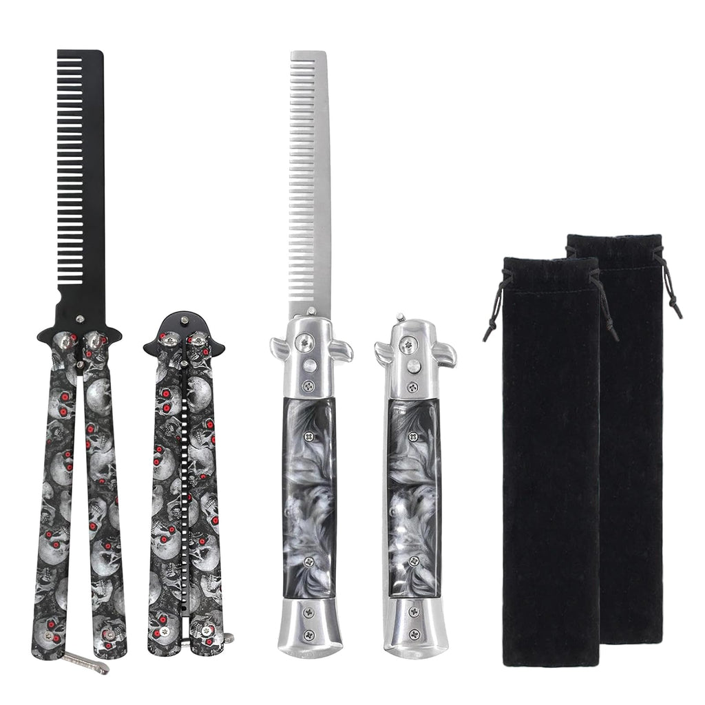 2 Pack Automatic Switch Folding Practice Combs, Stainless Steel Butterfly Comb, Switchblades Comb, Outdoor Training Pocket Combs, Hair Brush for Beard, Mustache, Hair Styling Tools(Skull)