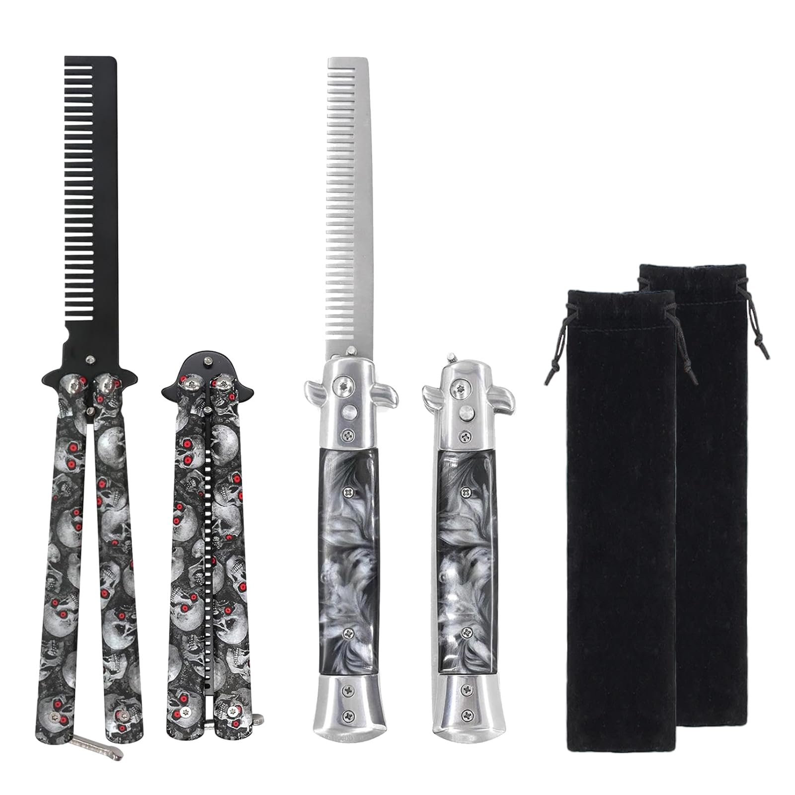 2 Pack Automatic Switch Folding Practice Combs, Stainless Steel Butterfly Comb, Switchblades Comb, Outdoor Training Pocket Combs, Hair Brush for Beard, Mustache, Hair Styling Tools(Skull)