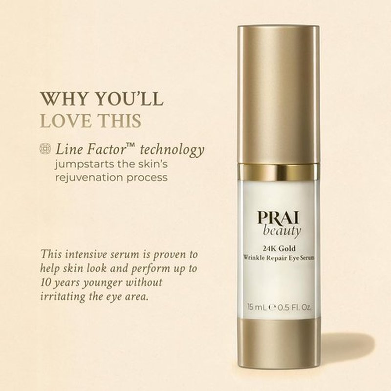 PRAI Beauty 24K Gold Eye Serum - Anti-Aging Wrinkle Repair Formula - 0.5 Oz
