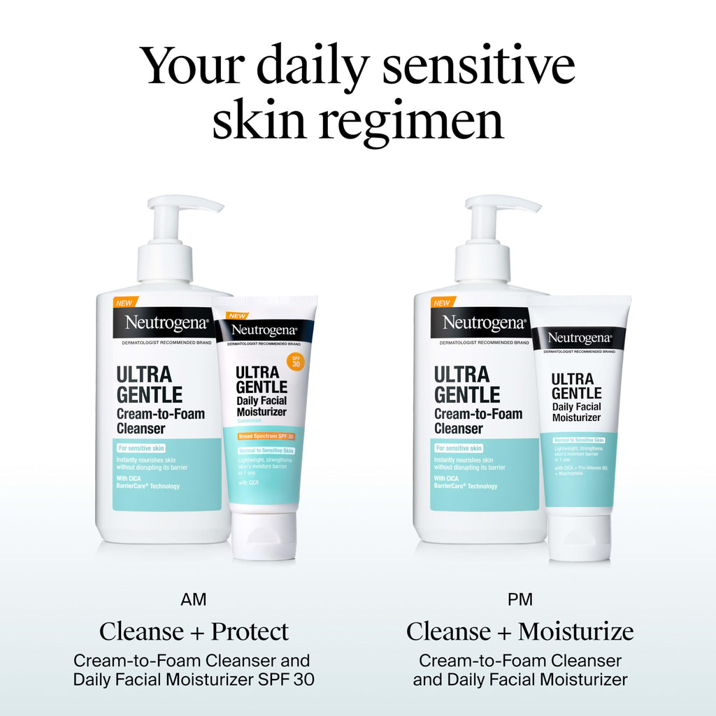 Neutrogena Ultra Gentle Daily Facial Moisturizer with SPF 30 Sunscreen with CICA, Lightweight Face Lotion with Broad Spectrum SPF 30 for Normal to Sensitive Skin, Fragrance-Free, 3.4 fl. oz