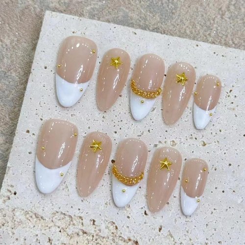 Handmade Press On Nails Medium Almond Shape - 3D Gold Metallic Embellished White French Manicure False Nails ， Minimalist Design | Salon Quality Reusable Fake Nails(10PCS-M)