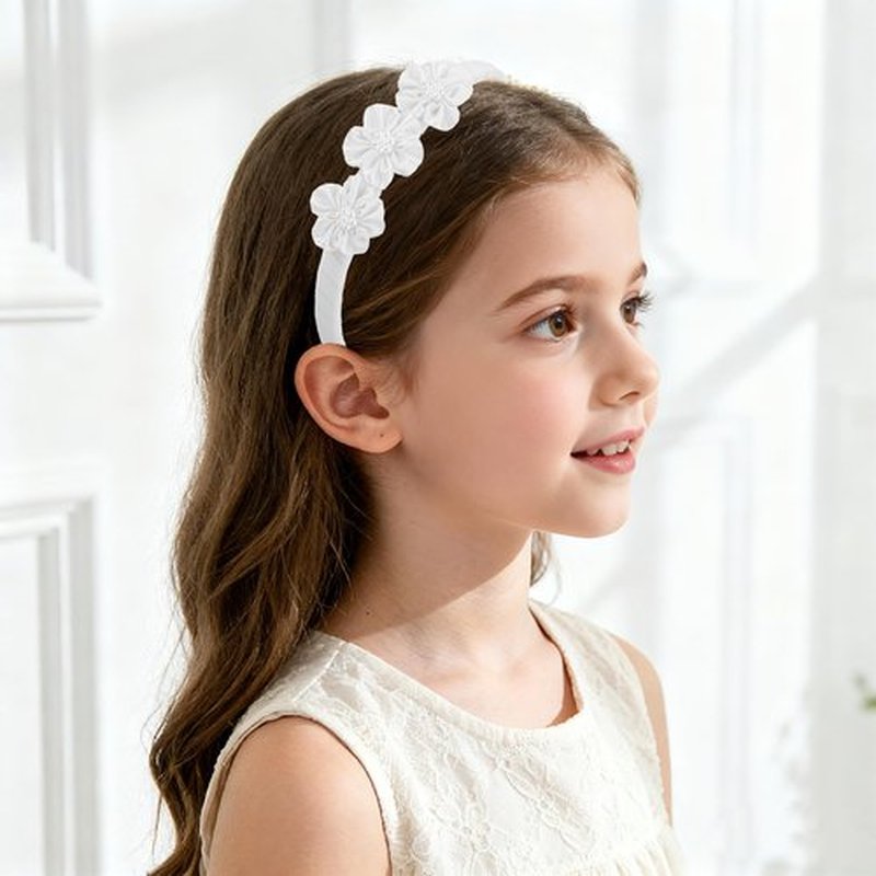 7Rainbows Boutique Triple Satin Flowers with 7 Faux Pearls White Headbands for Girls Toddlers Teens and Even Adults.