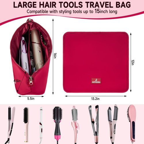 Jaffzora Hair Tools Travel Bag with Heat Resistant Mat and Lining, Portable 2 in 1 Hair Storage Bag for Curling Iron, Flat Irons, Straighteners and Haircare Accessories(Red)