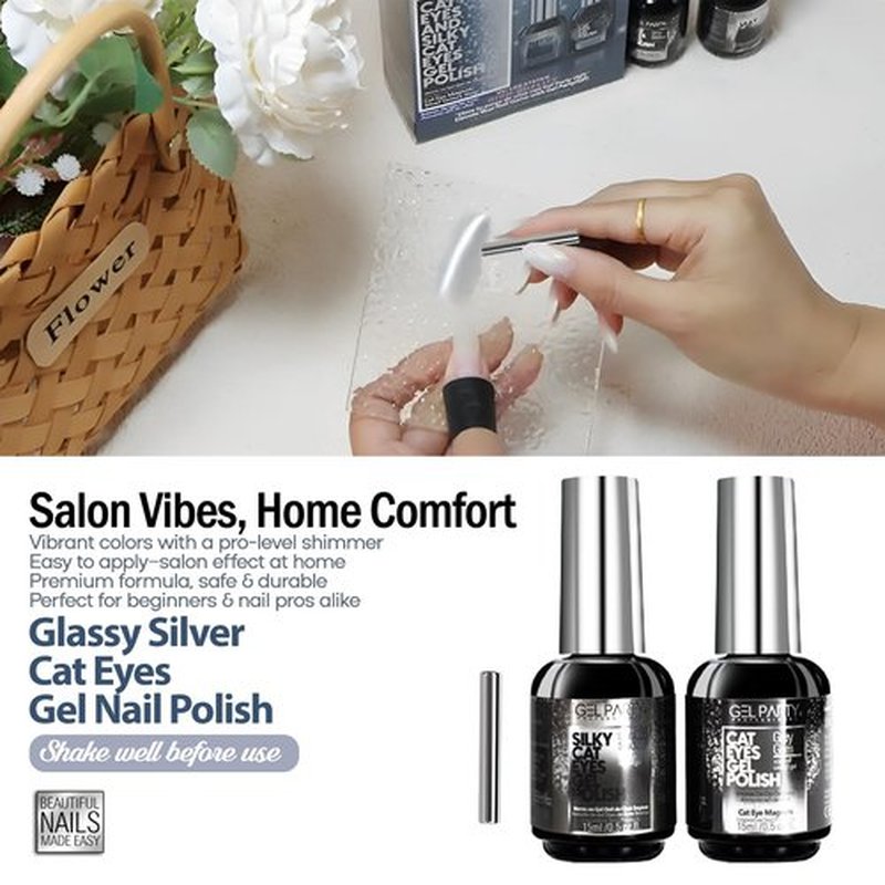 GELPARTY 2x15ml 9D Cat Eye Gel Polish Set – Magnetic Silver & Grey Diamond UV/LED Soak-Off Nail Gel, Multi-Dimensional Galaxy Effect, Long-Lasting, HEMA-Free Nail Polish for Salon & DIY Art