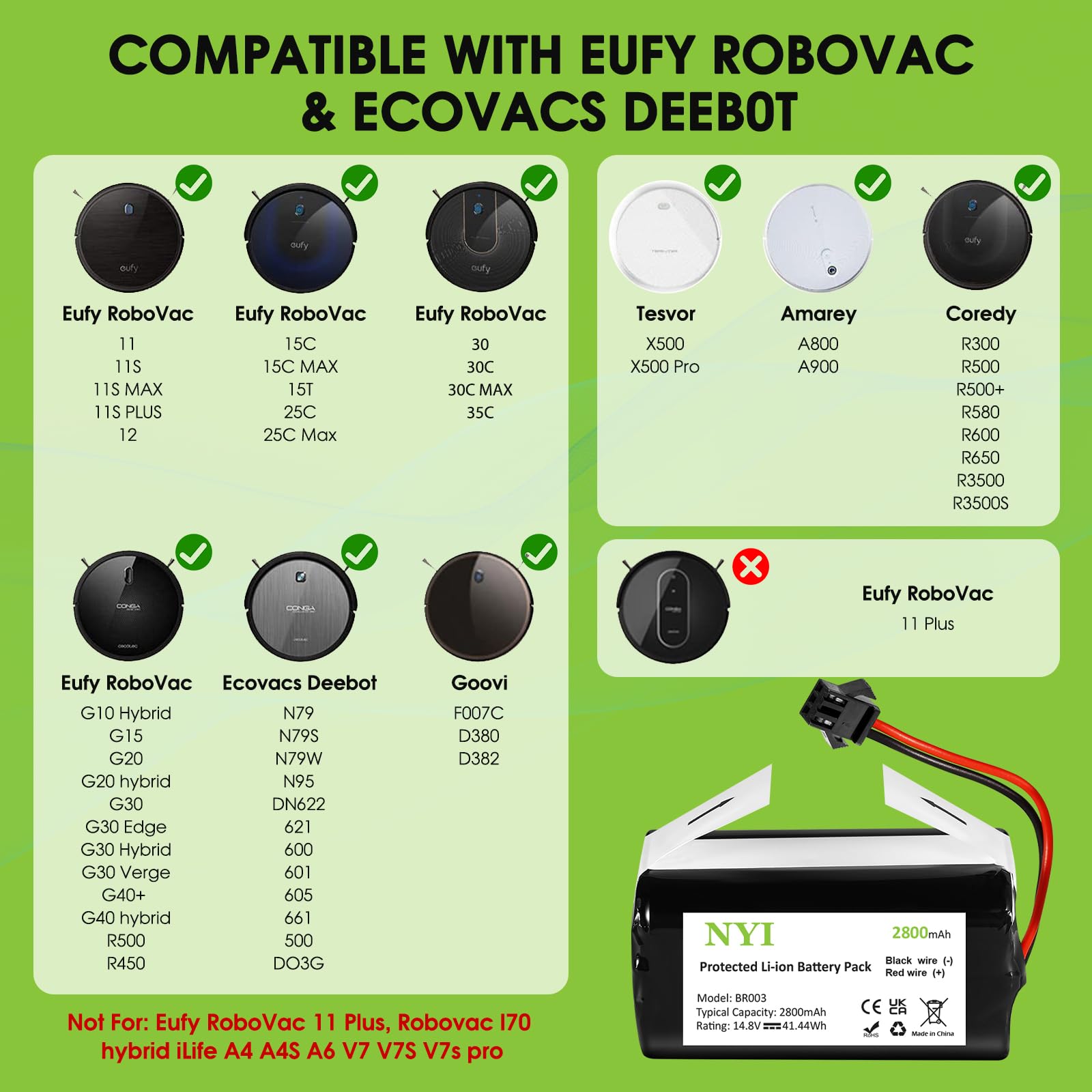 NYI Replacement Battery with Tools Compatible with Eufy RoboVac 11 11C 11S Plus 11S MAX 12 15C 15C MAX 15T 25C 30C G10 Hybrid G30 Edge R500 R450,Ecovacs Deebot N79 N79S N95 DN622 661,Goovi F007C Etc