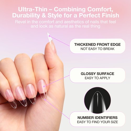 Curacoro Sculpted Long Almond Gel Nail Tips 420Pcs, Clear Full Cover Soft Acrylic Tips 14 Sizes, Easy to Use, Long-Lasting, Glossy Finish