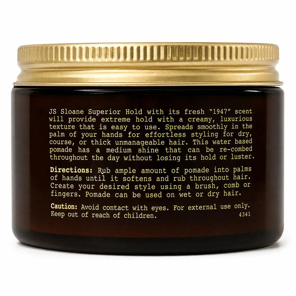 JS Sloane Superior Hold Pomade – Strong Hold Hair Styling Cream, Medium Shine, Water-Based, Reworkable All Day, Ideal for Thick & Coarse Hair – 4 oz