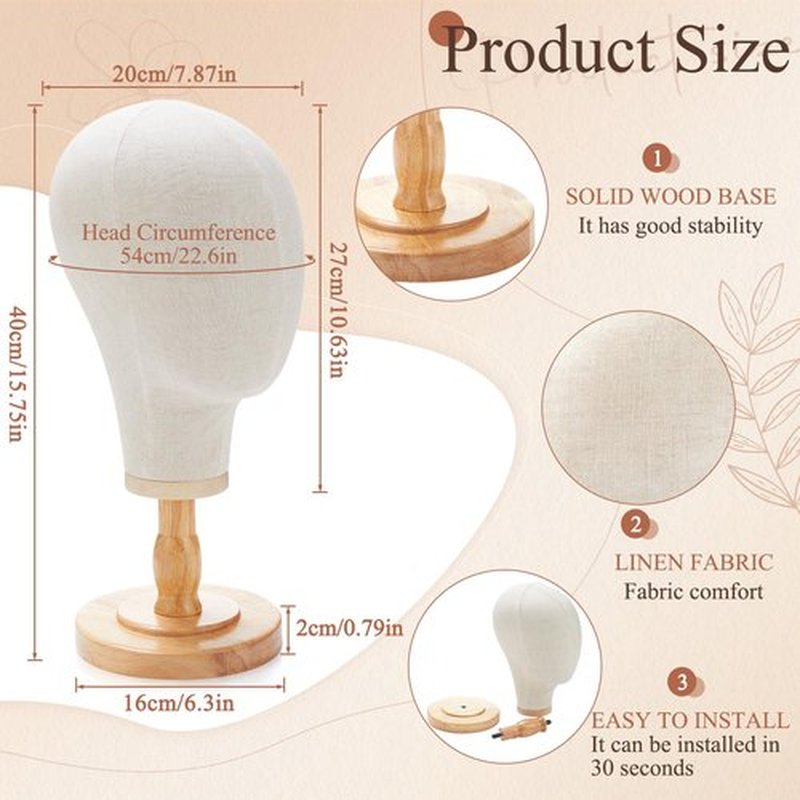 RattanView 2 Pcs Wig Stand with Head 23 Inch Linen Mannequin Head with Wooden Stand Canvas Mannequin for Hats Wigs Caps Headdress Home Store Hair Salon(Beige)