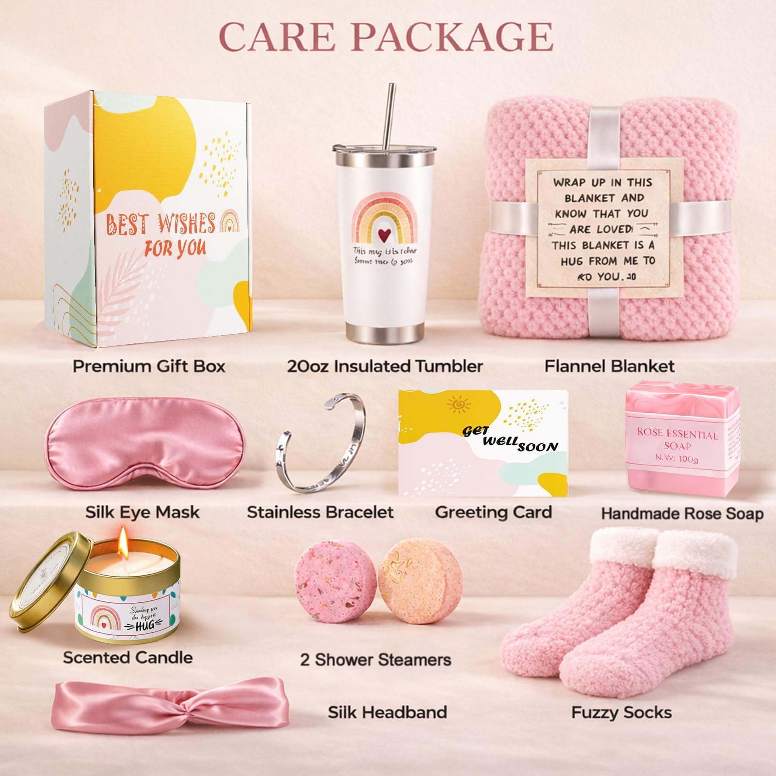 Get Well Soon Care Package for Women, 12 Pcs Deluxe Self-Care Gift Box with Pink Cozy Blanket, Tumbler, Candle & Spa Feel Better Basket – After Surgery, Thinking of You, Encouragement Recovery Gifts