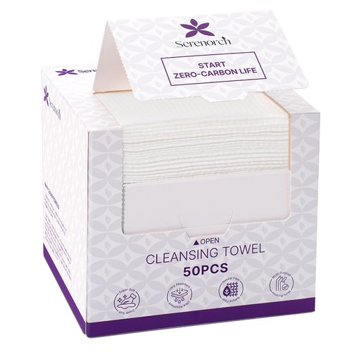 Serenorch Disposable Face Towels (50 Count) – XL 10"x12" Ultra Thick Facial Cleansing Cloths – Soft Biodegradable Dry Wipes for Sensitive Skin – Lint-Free Makeup Remover Towelettes for Daily Skincare