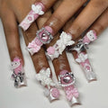 BABALAL Acrylic Press on Nails Fake Nails, Long Square, Silver Chrome, French Tip, with Kitten Angel Bow Charm, Y2k Luxury, Handmade, 24Pcs Trendy Glossy Full Cover False Nails with Glue
