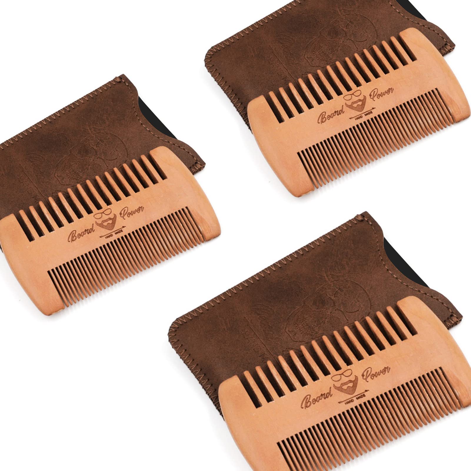 Menesia Wooden Beard Combs with Cases - Fine & Coarse Teeth, Pocket Comb for Beards, Mustaches & Hair, Brown Skull Design
