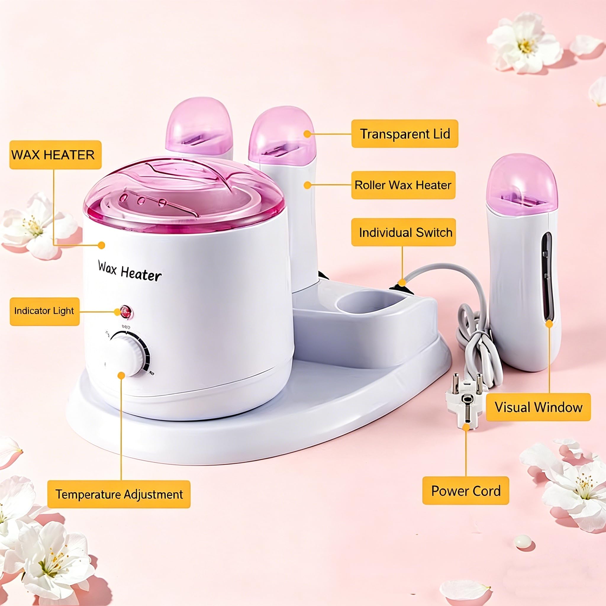 JOJOCOSMO 4 IN 1 Professional 800CC Wax Warmer + 3×100G Roll On Wax Machine with Independent Switches, Wax Warmer for Hair Removal, Depilatory Wax Heater Waxing Kit for women