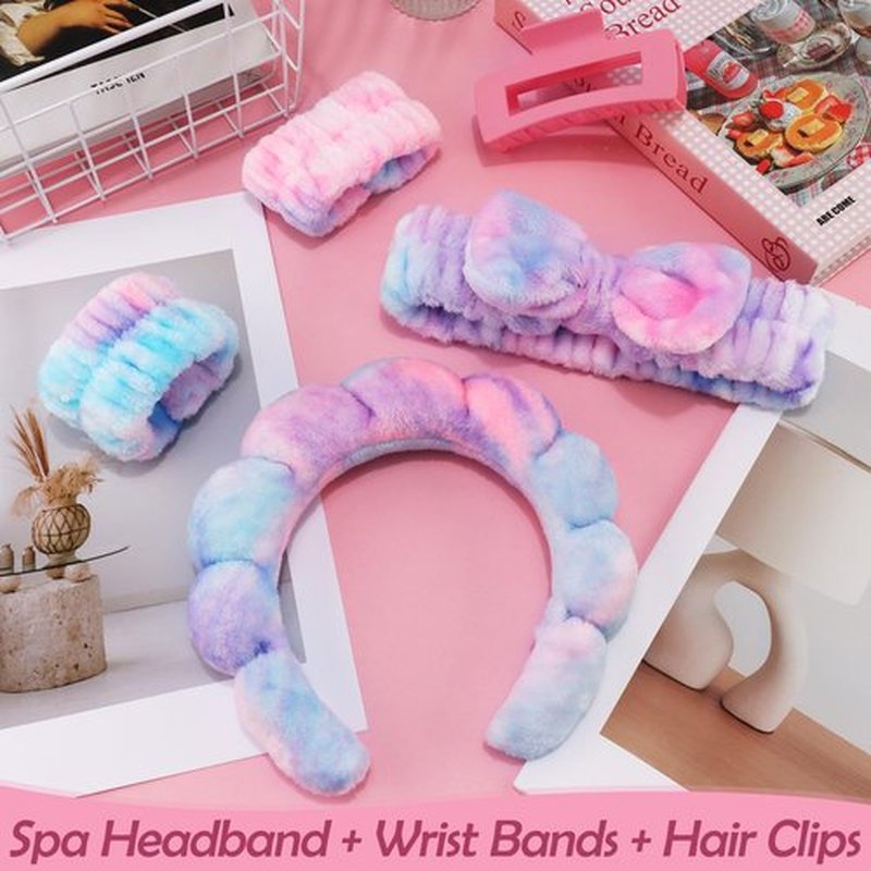 Canitor Spa Headband Wrist Bands with Hair Clips Skincare Makeup Self Skin Care Washing Face Vanity Accessories Things Teens Teenager Tween Clean Girl Gifts Cute Tie Dye Trendy Stuff