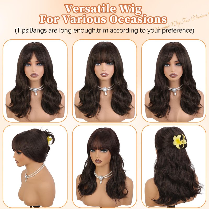 XIXIBI Brown Wigs with Bangs for Women, 4x4 Realistic Scalp Layered Curly Wavy Synthetic Wigs, Free Parting Natural Looking Heat Resistant Wig for Daily Party Use 18Inch