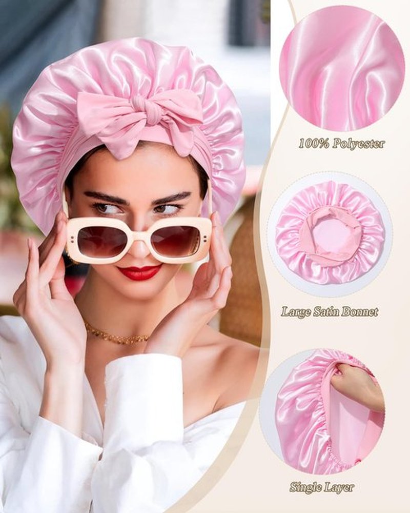 2 PCS Satin Bonnet Hair Bonnet for Sleeping Women Satin Hair Wrap with Elastic Tie Band Sleep Night Cap for Curly Hair (Bean Paste+Pink)