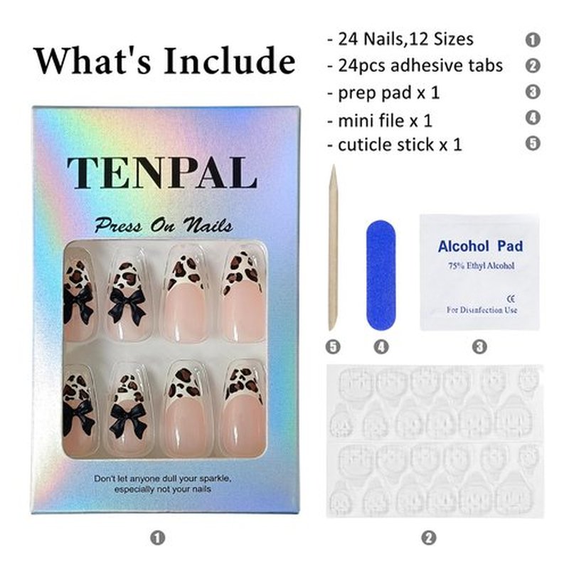 TENPAL Reusable Almond Press on Nails Medium,3D Bow Leopard French Tips Rhinestones False Nails, Edgy Ins Style Fake Nails with Full Manicure Kit, Winter Animal Print 24Pcs Leopard French Nails Tips