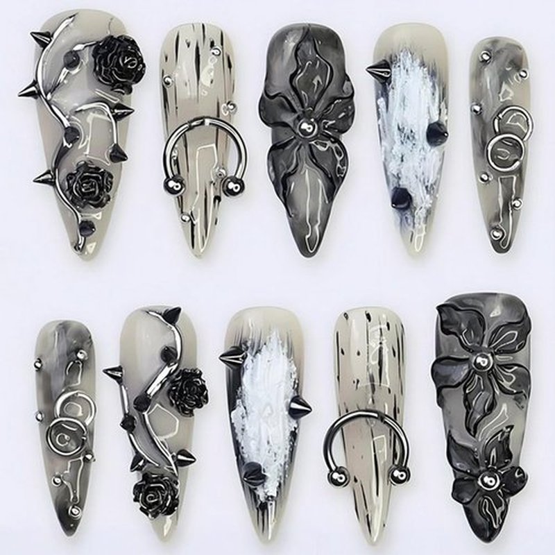 Black Press on Nails Long Stiletto Fake Nails with Punk Rose Flower & 3D Metal Rivet Steel Balls Charms Design Gothic Acrylic Nails Full Cover Stick on Nails Dark Black Y2k False Nails for Women 24Pcs