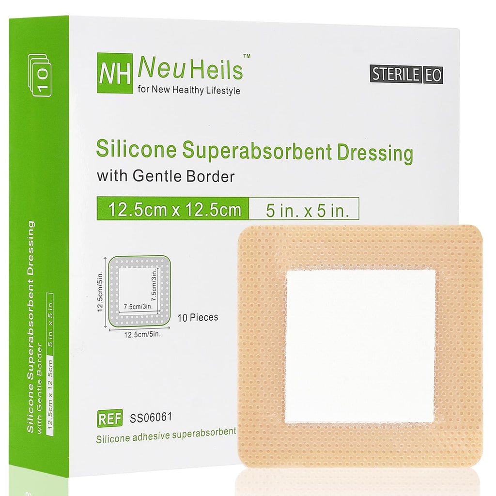 NeuHeils Silicone Super Absorbent Wound Dressing 5''x5'' 10 Packs, Self-Adhesive Waterproof Bandage with Ultrasorb Polymer Pad for Heavy Exudates Wound
