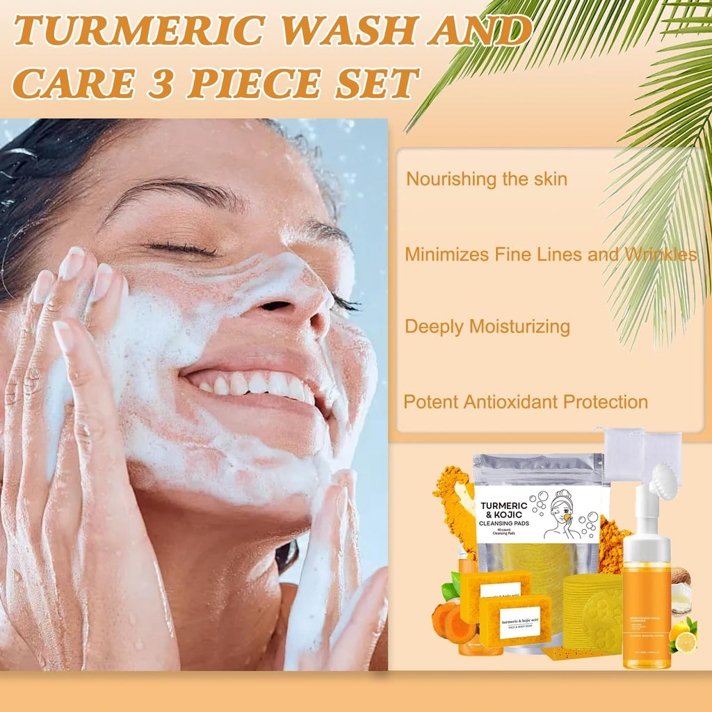 Turmeric Wash and Care Three Piece Set, Tuemeric Facial Cleanser With Brush, Turmeric Face Scrub Pads, Turmeric Soap Bar, Soap Foaming Net, Deep Cleansing Set for for Face and Body