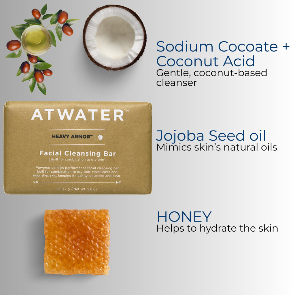 ATWATER Heavy Armor Facial Cleansing Bar for Dry to Combination Skin, Moisturizing Sulfate-Free Rich Lathering Face Wash with Jojoba Oil and Coconut - 5 oz