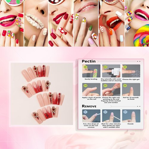 Rchovsam Xl French Tip Press on Nails Long Square False Nails Press Ons Red Love Diamond Design Fake Nail Red Stick on Nails Acrylic Full Cover Artificial Nail Gift for Women 24pcs