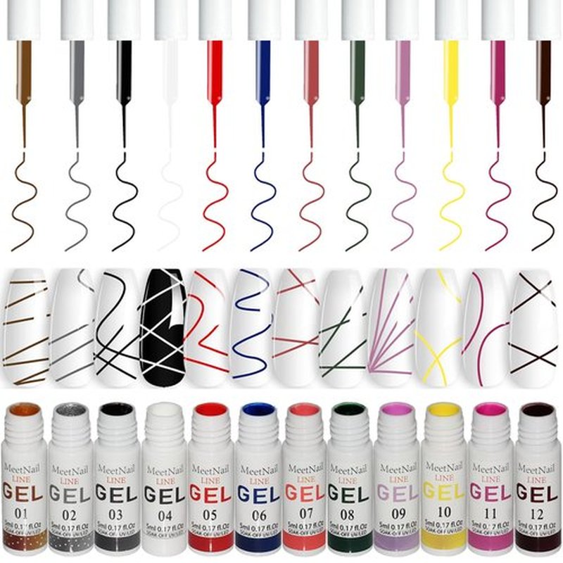 MEETNAIL Gel Liner Nail Art Set 12 Colors Gold Black Glitter with Thin Brush Soak Off UV/LED Gel Nail Polish Liner at Home Salon DIY Manicure Gift for Women